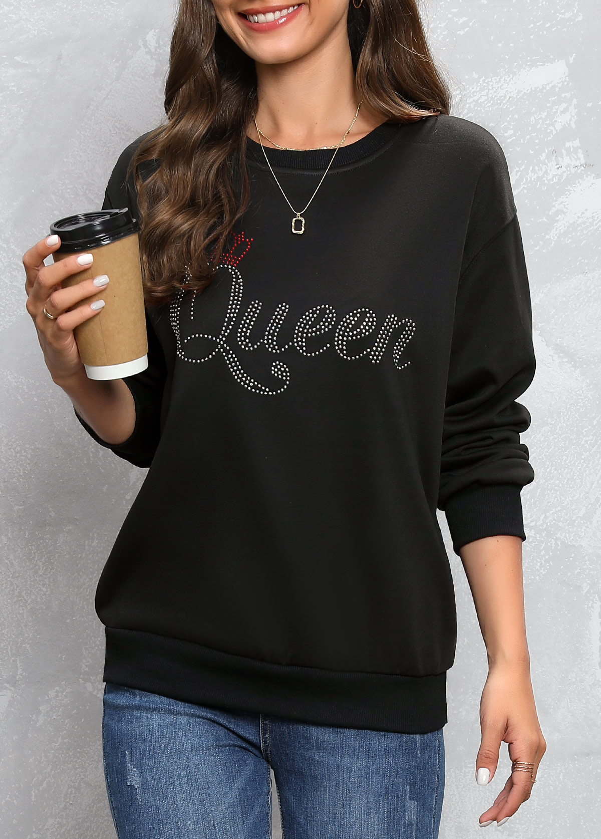 Black tops,Letter tops,Hot Drilling Letter Design Black Round Neck Sweatshirt
