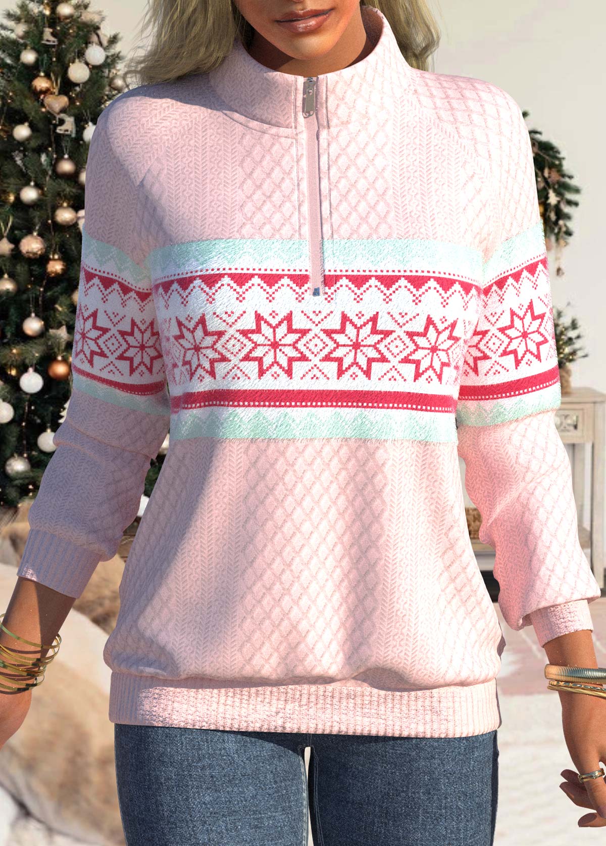Light Pink tops,Geometric tops,ROTITA Zipper Snowflake Print Light Pink High Neck Sweatshirt