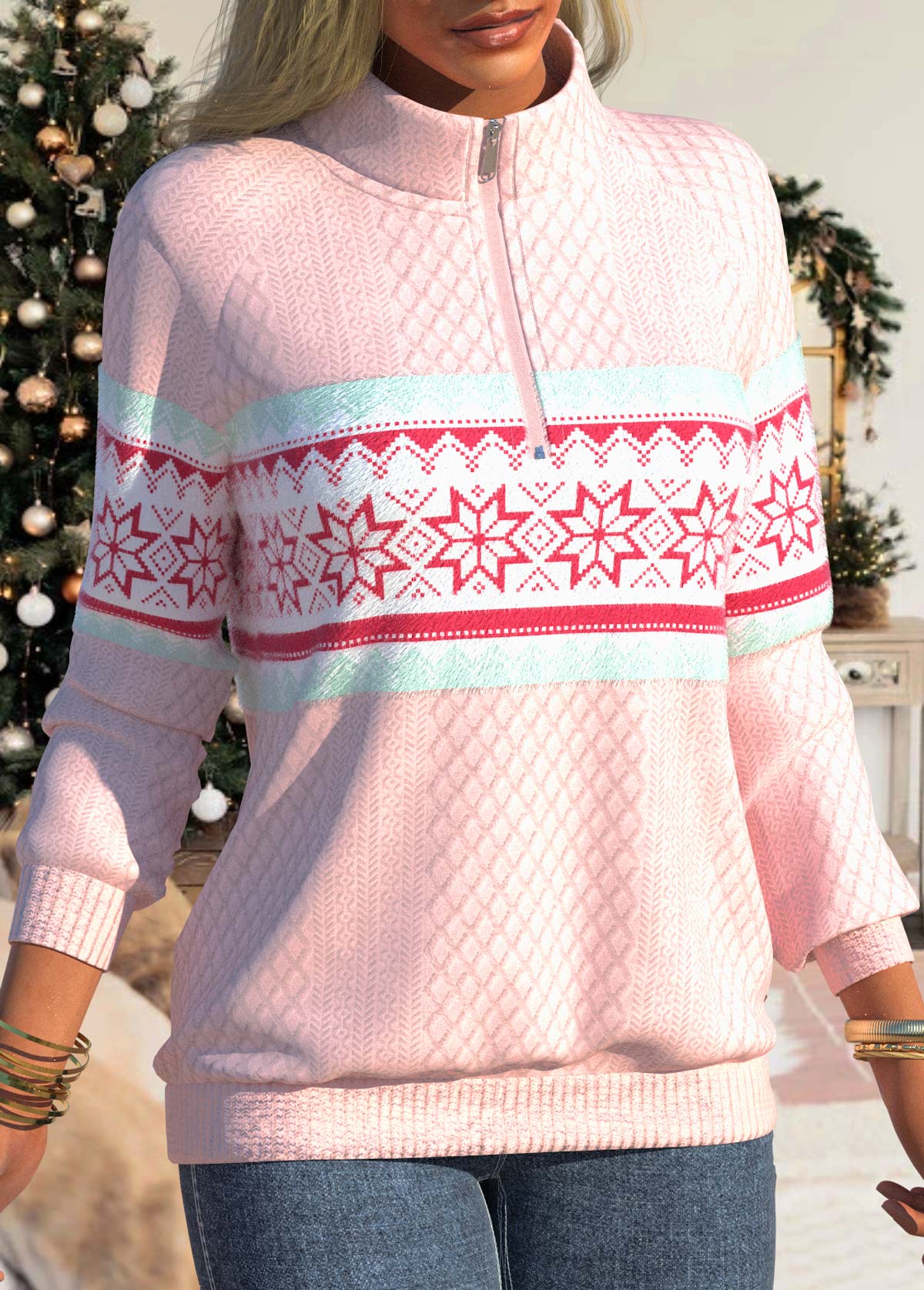 Light Pink tops,Geometric tops,ROTITA Zipper Snowflake Print Light Pink High Neck Sweatshirt