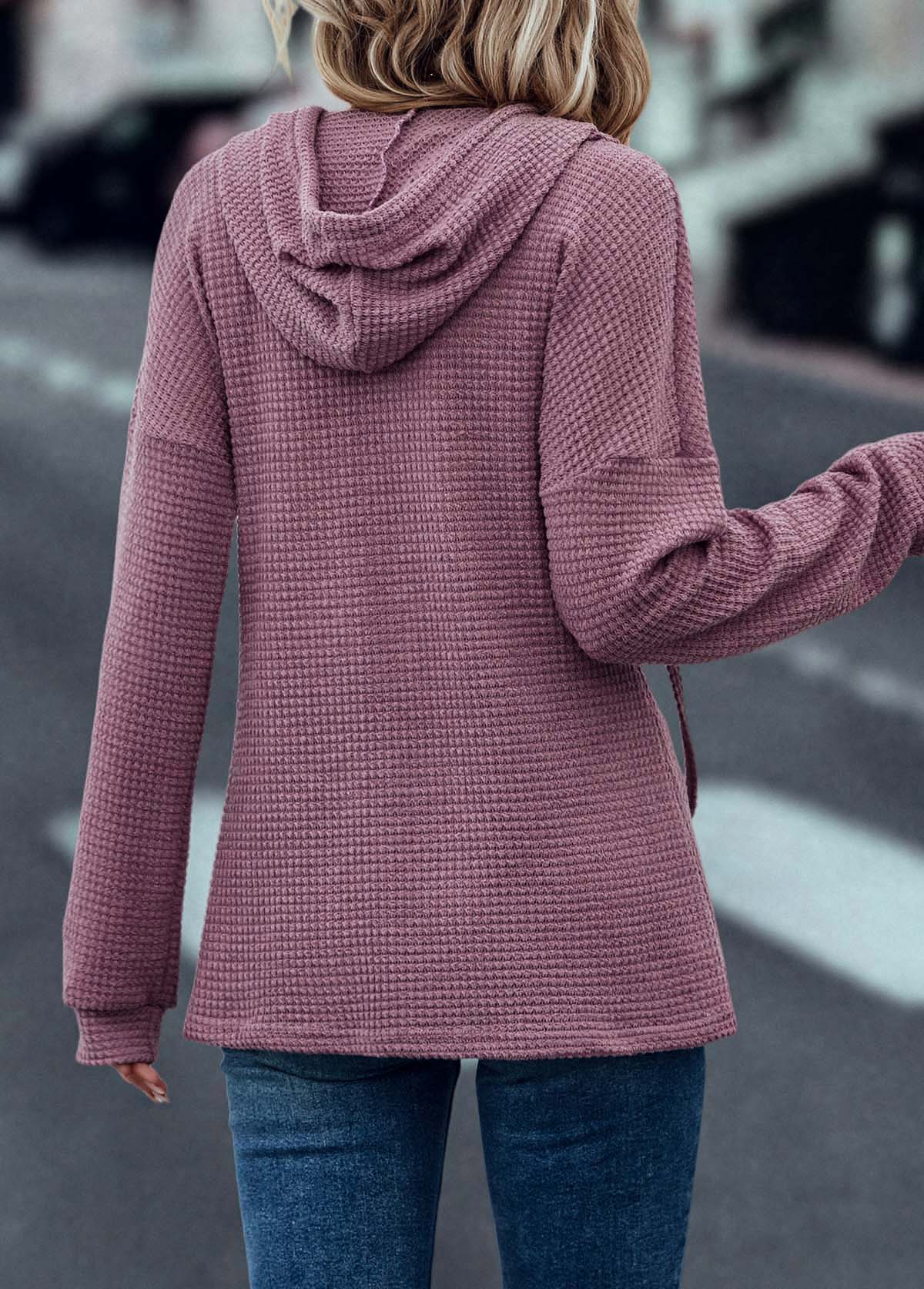 Dark Reddish Purple tops,Plain Color tops,Drawstring Dark Reddish Purple Long Sleeve Hoodie