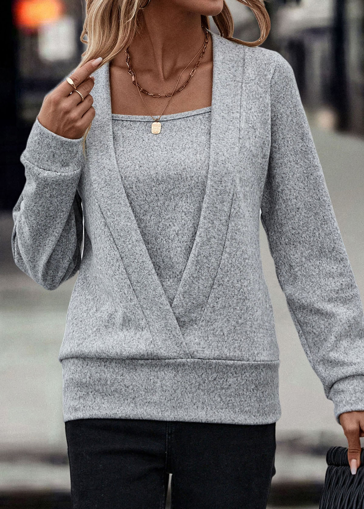 Grey tops,Plain Color tops,Fake 2in1 Grey Long Sleeve Sweatshirt