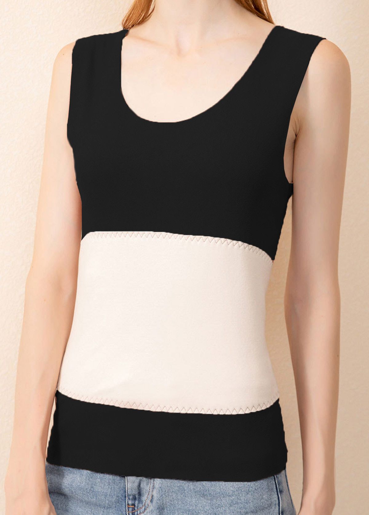 Black tops,Contrast Color tops,Patchwork Black Scoop Neck Tank Top