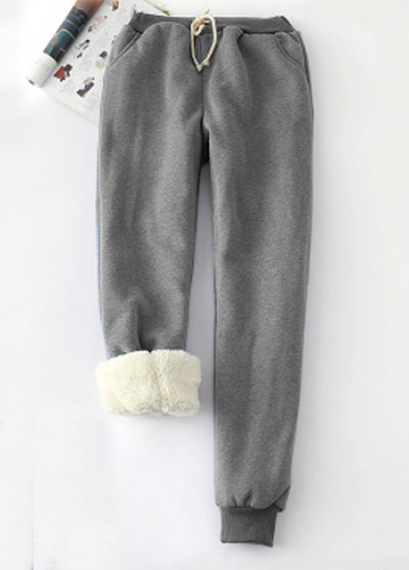Grey bottoms,Contrast Color bottoms,Plush Grey Jogger Drawastring High Waisted Pants