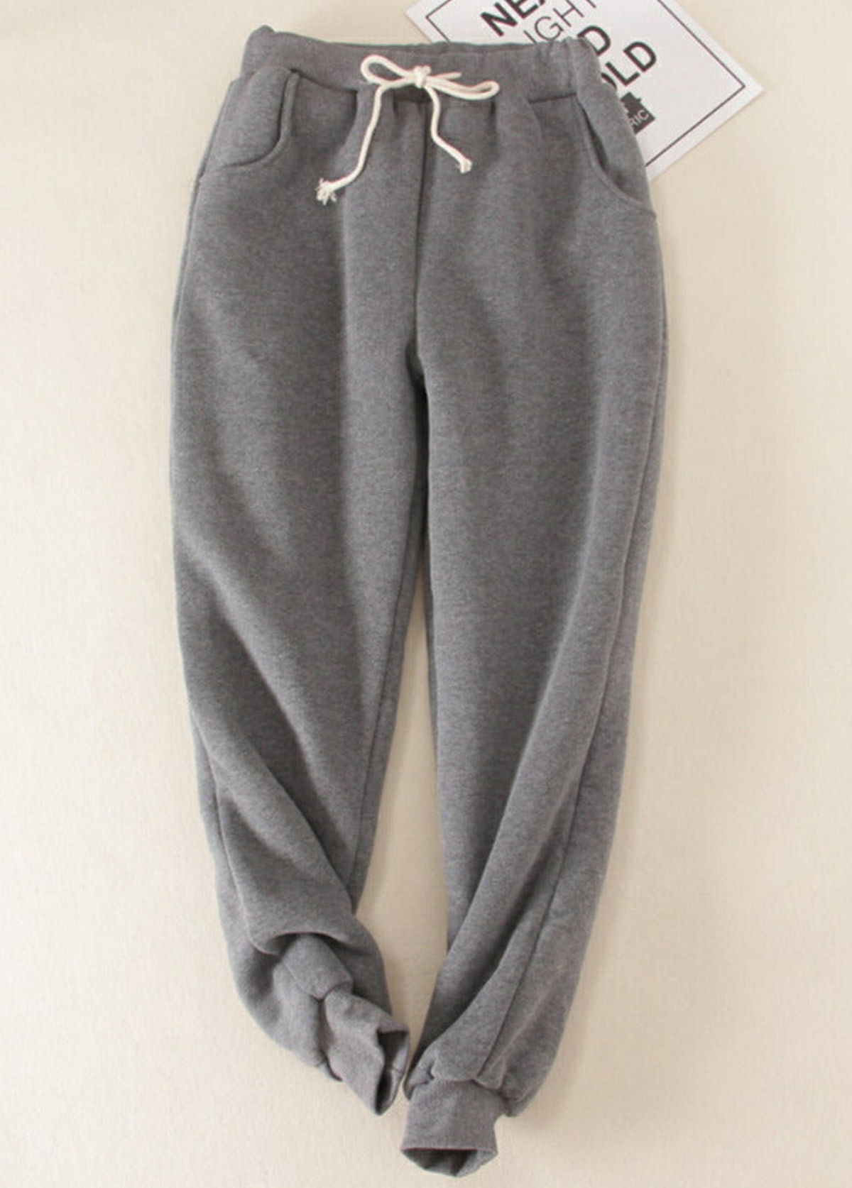 Grey bottoms,Contrast Color bottoms,Plush Grey Jogger Drawastring High Waisted Pants