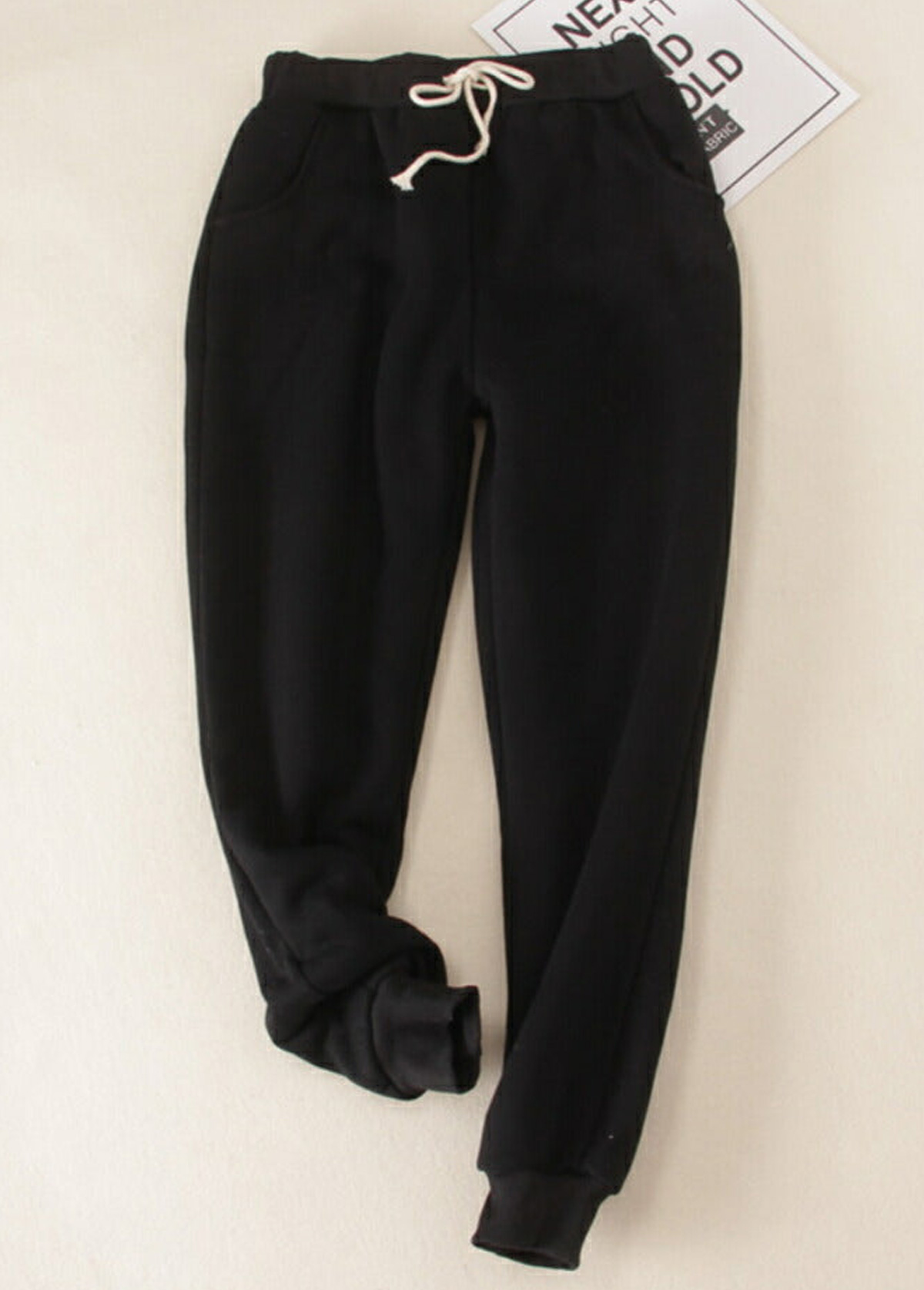 Black bottoms,Contrast Color bottoms,Plush Black Jogger Drawastring High Waisted Pants