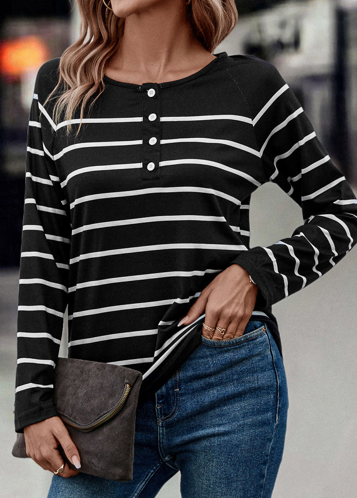 Black tops,Striped tops,Geometric tops,Button Striped Black V Neck T Shirt