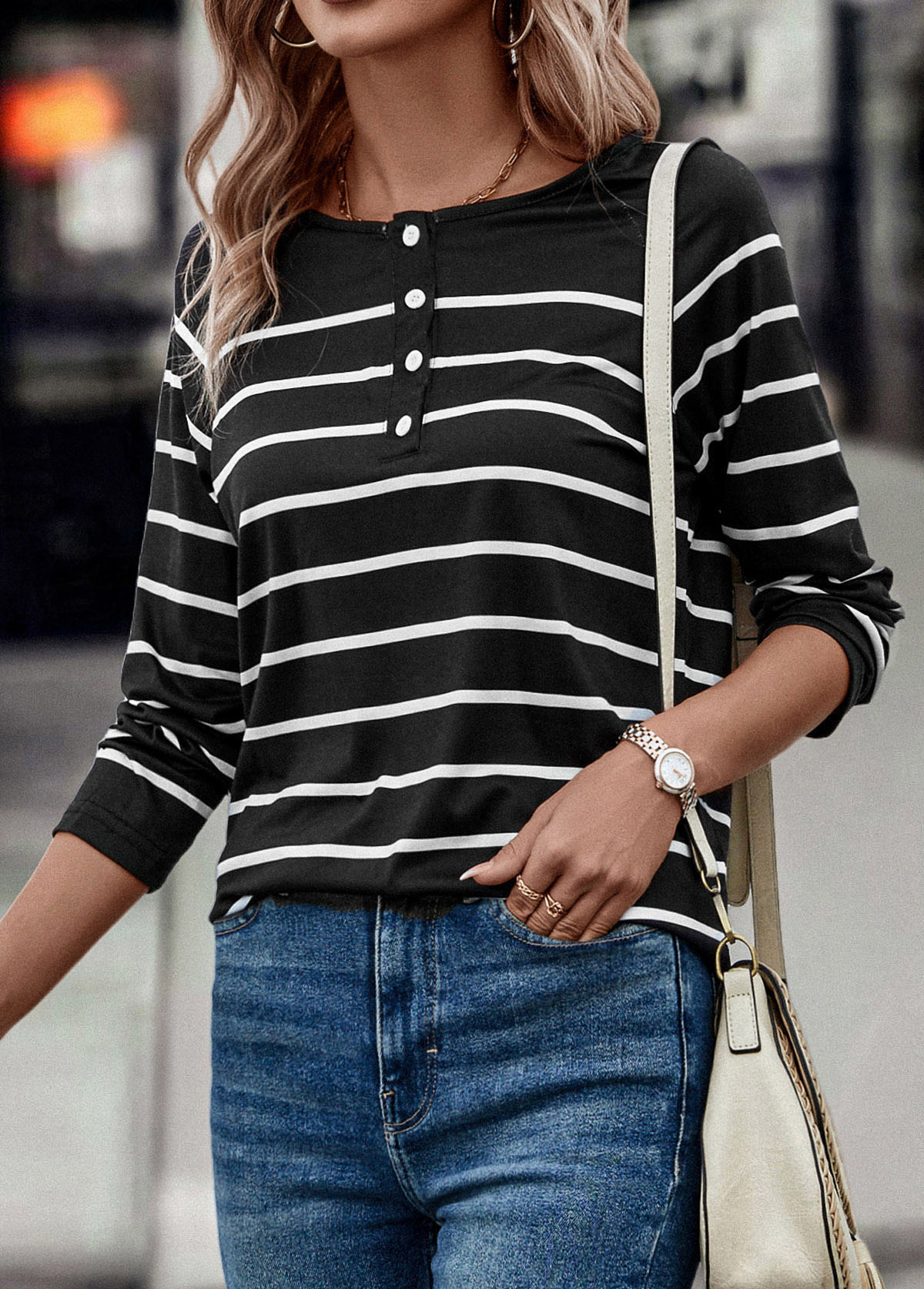 Black tops,Striped tops,Geometric tops,Button Striped Black V Neck T Shirt
