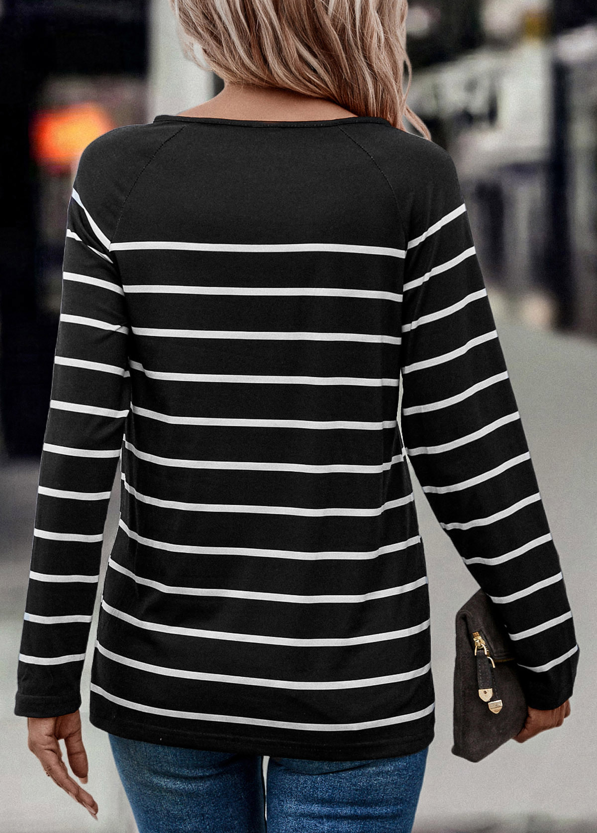 Black tops,Striped tops,Geometric tops,Button Striped Black V Neck T Shirt