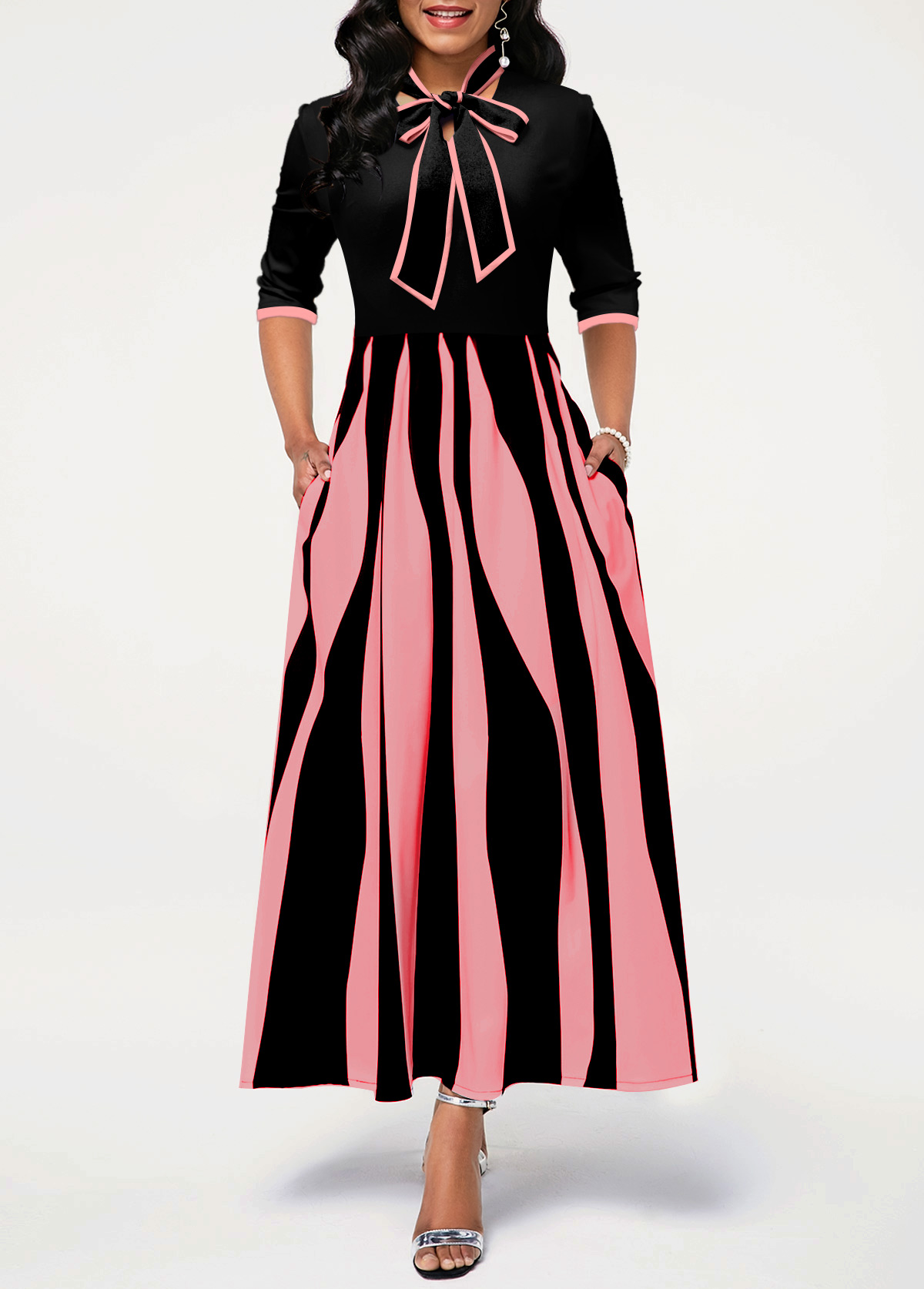 ROTITA 3/4 Sleeve Pink Pocket Geometric Print Dress