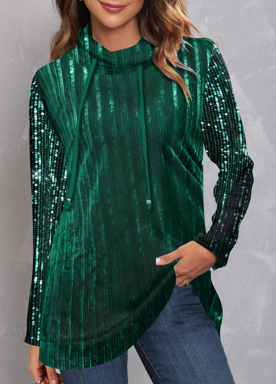 Green tops,Plain Color tops,ROTITA Green Sequin Drawstring Velvet Stitching Sweatshirt