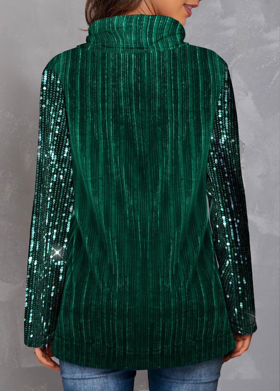 Green tops,Plain Color tops,ROTITA Green Sequin Drawstring Velvet Stitching Sweatshirt