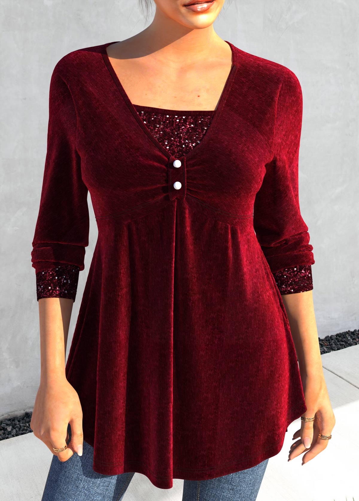 Wine Red tops,Plain Color tops,ROTITA Sequin Wine Red Square Neck T Shirt