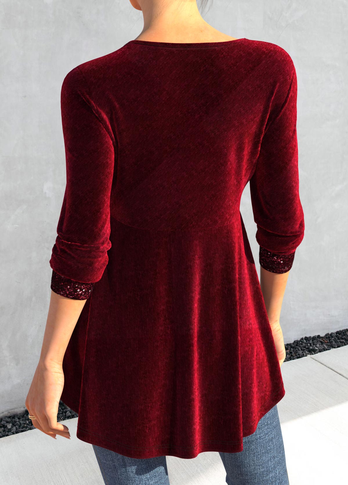 Wine Red tops,Plain Color tops,ROTITA Sequin Wine Red Square Neck T Shirt