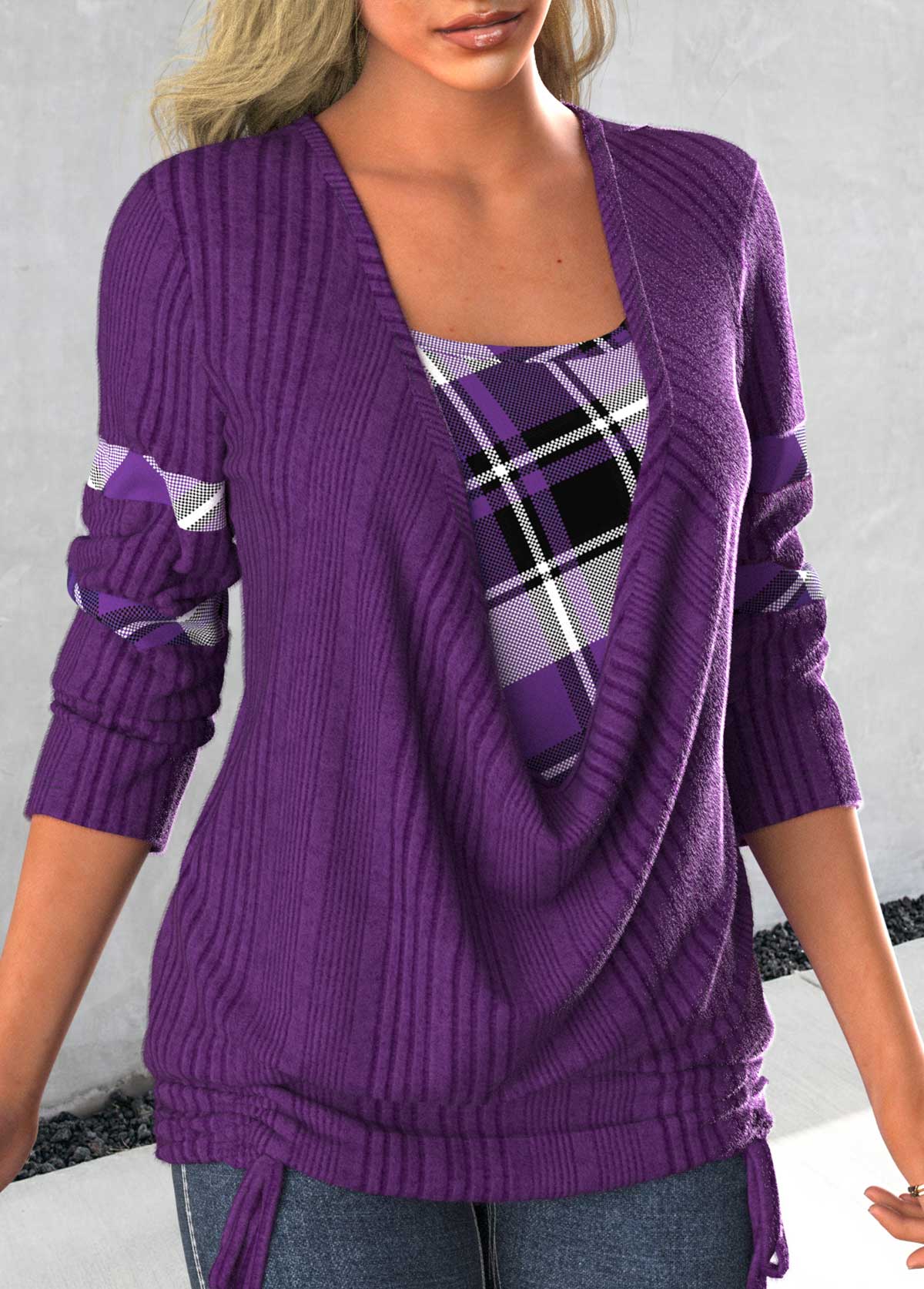 Dark Purple tops,Plaid tops,ROTITA Patchwork Plaid Dark Purple Square Neck Sweatshirt