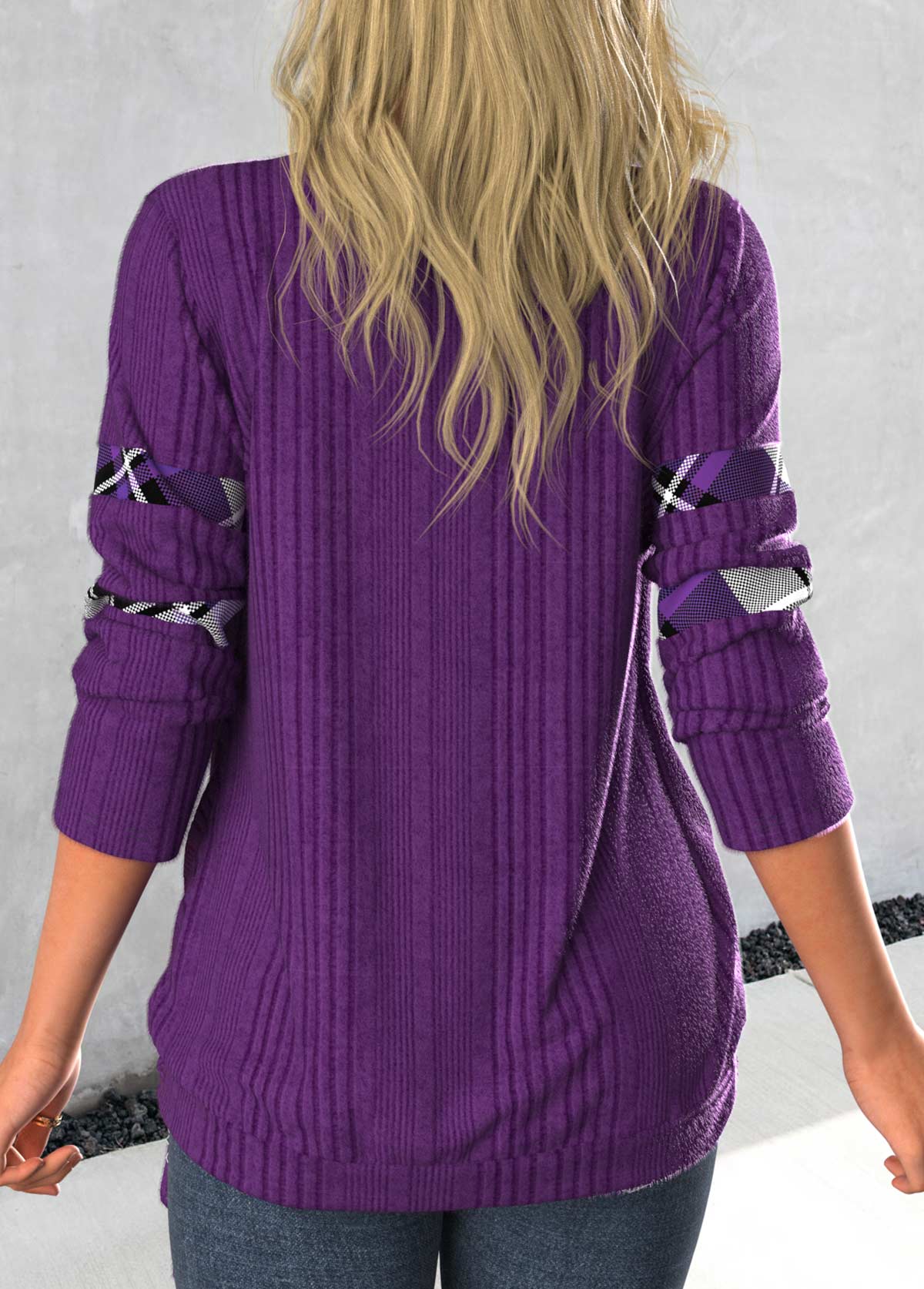 Dark Purple tops,Plaid tops,ROTITA Patchwork Plaid Dark Purple Square Neck Sweatshirt