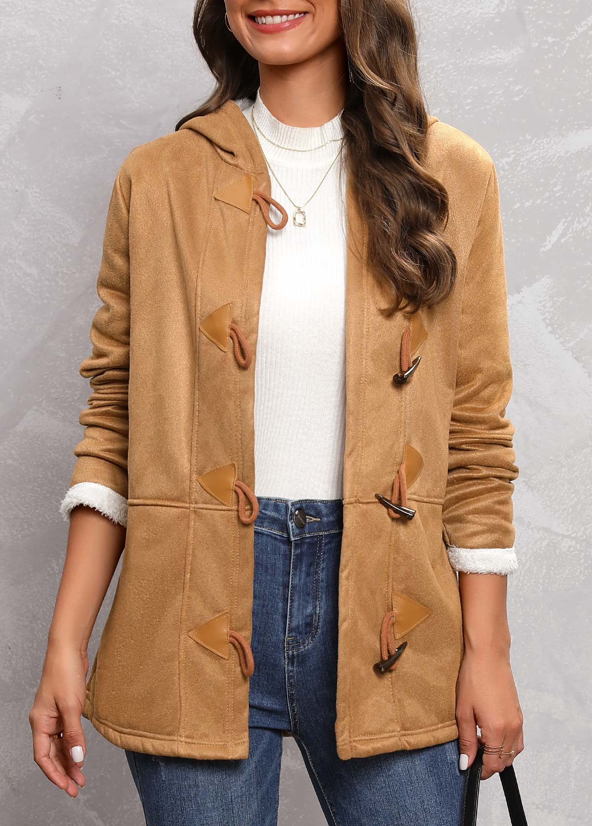 Dark Camel outerwear & coats,Contrast Color outerwear & coats,Plush Dark Camel Hooded Long Sleeve Coat