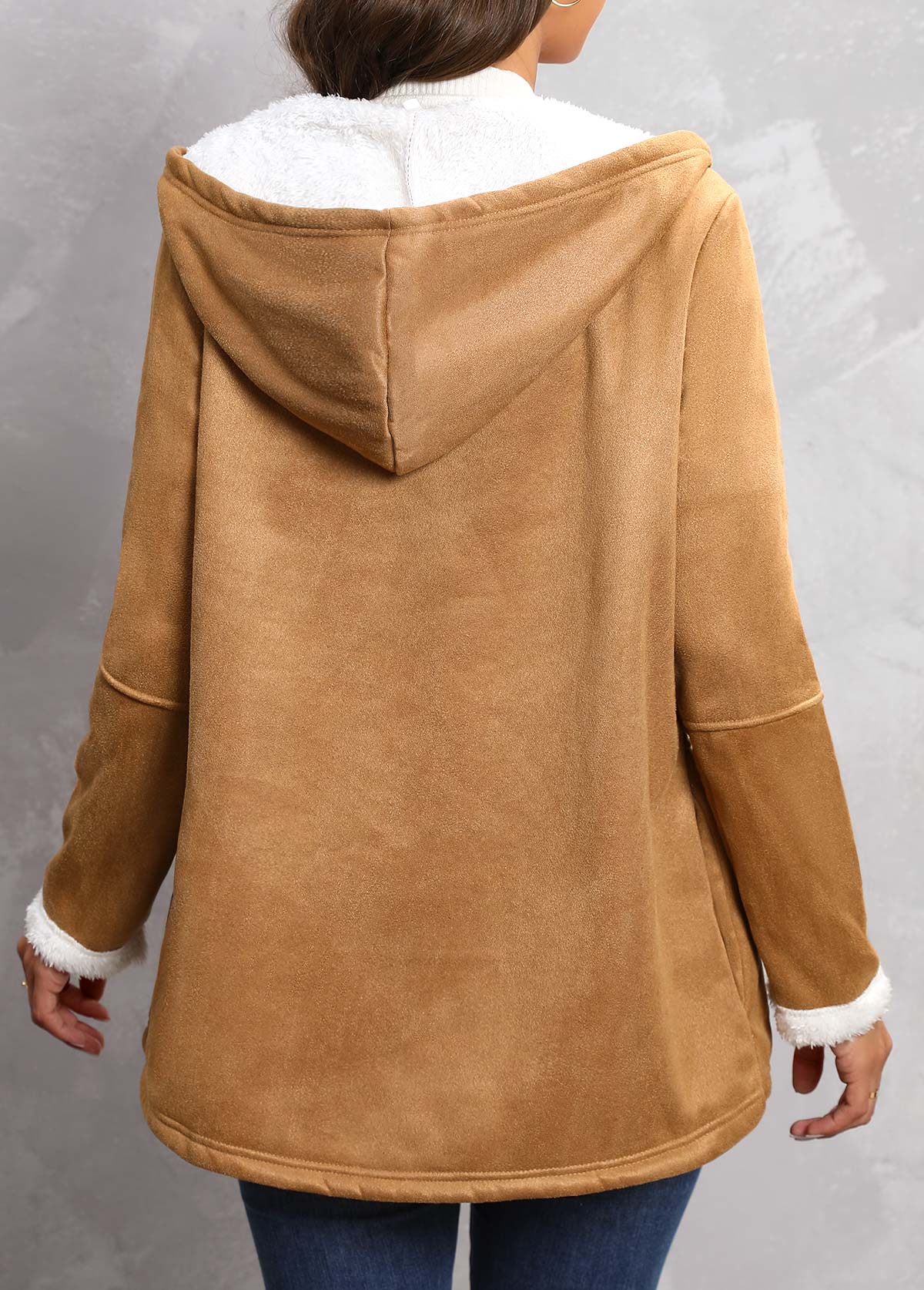 Dark Camel outerwear & coats,Contrast Color outerwear & coats,Plush Dark Camel Hooded Long Sleeve Coat