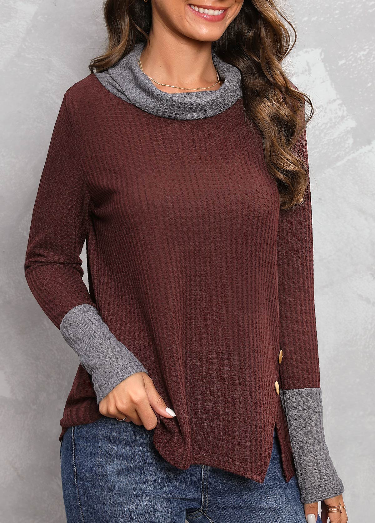 Deep Red tops,Contrast Color tops,Button Deep Red Cowl Neck T Shirt