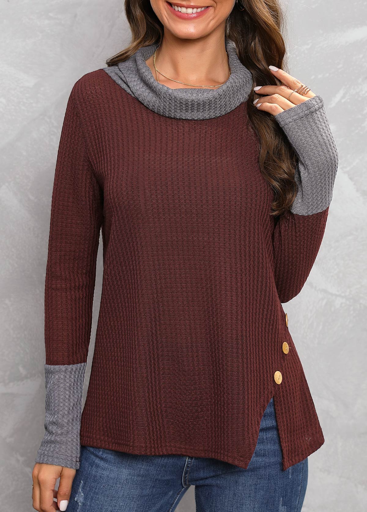 Deep Red tops,Contrast Color tops,Button Deep Red Cowl Neck T Shirt