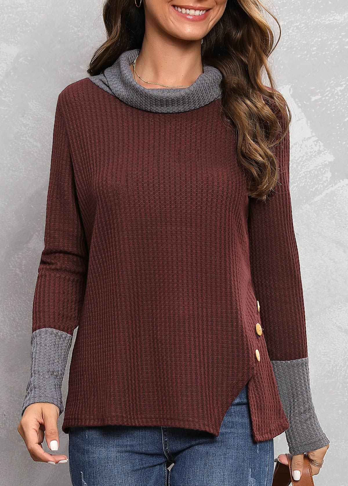 Deep Red tops,Contrast Color tops,Button Deep Red Cowl Neck T Shirt