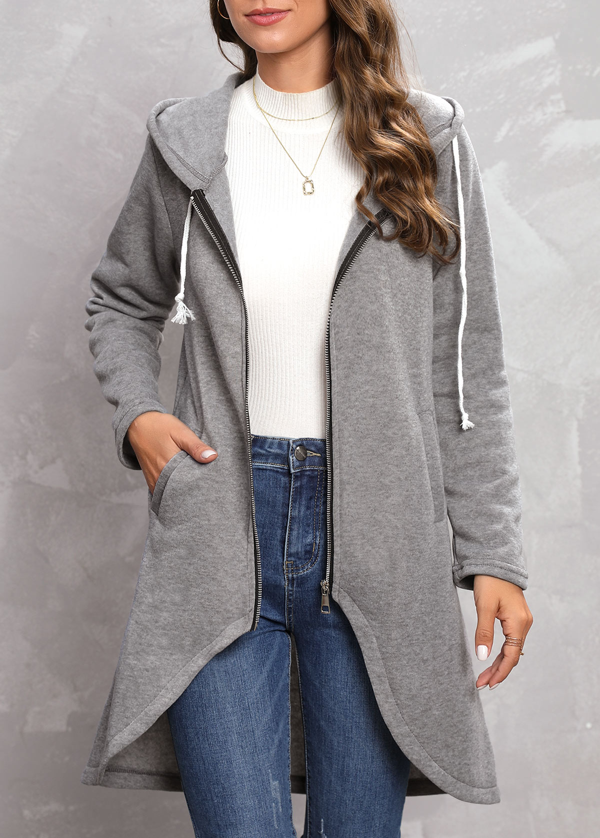 Zipper Grey Hooded Long Sleeve Coat