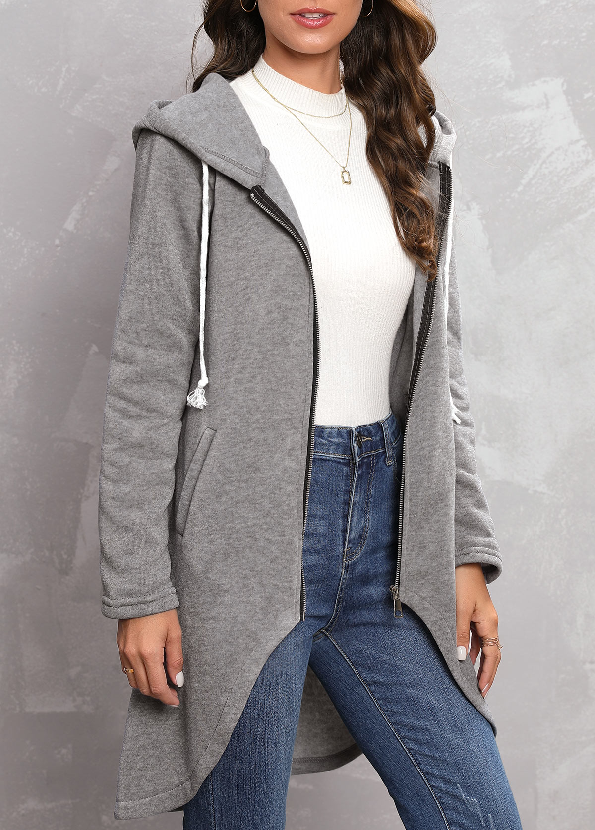 Grey outerwear & coats,Plain Color outerwear & coats,Zipper Grey Hooded Long Sleeve Coat