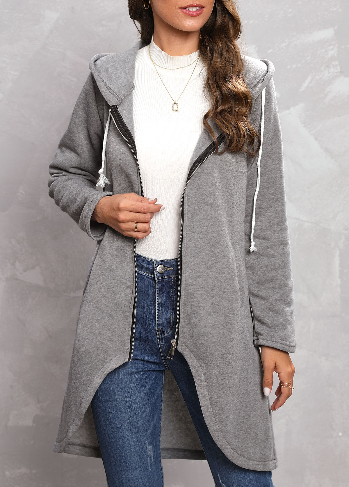 Grey outerwear & coats,Plain Color outerwear & coats,Zipper Grey Hooded Long Sleeve Coat