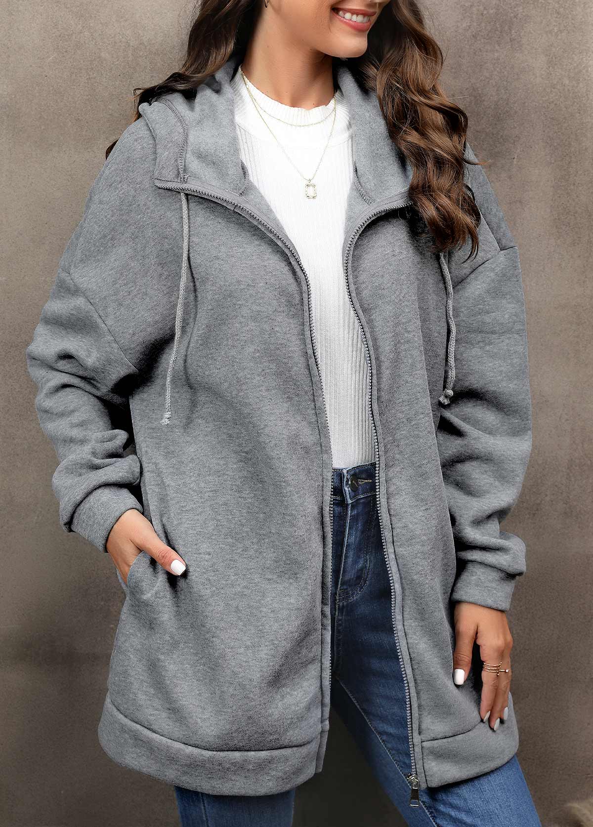 Grey outerwear & coats,Plain Color outerwear & coats,Zipper Grey Hooded Long Sleeve Coat