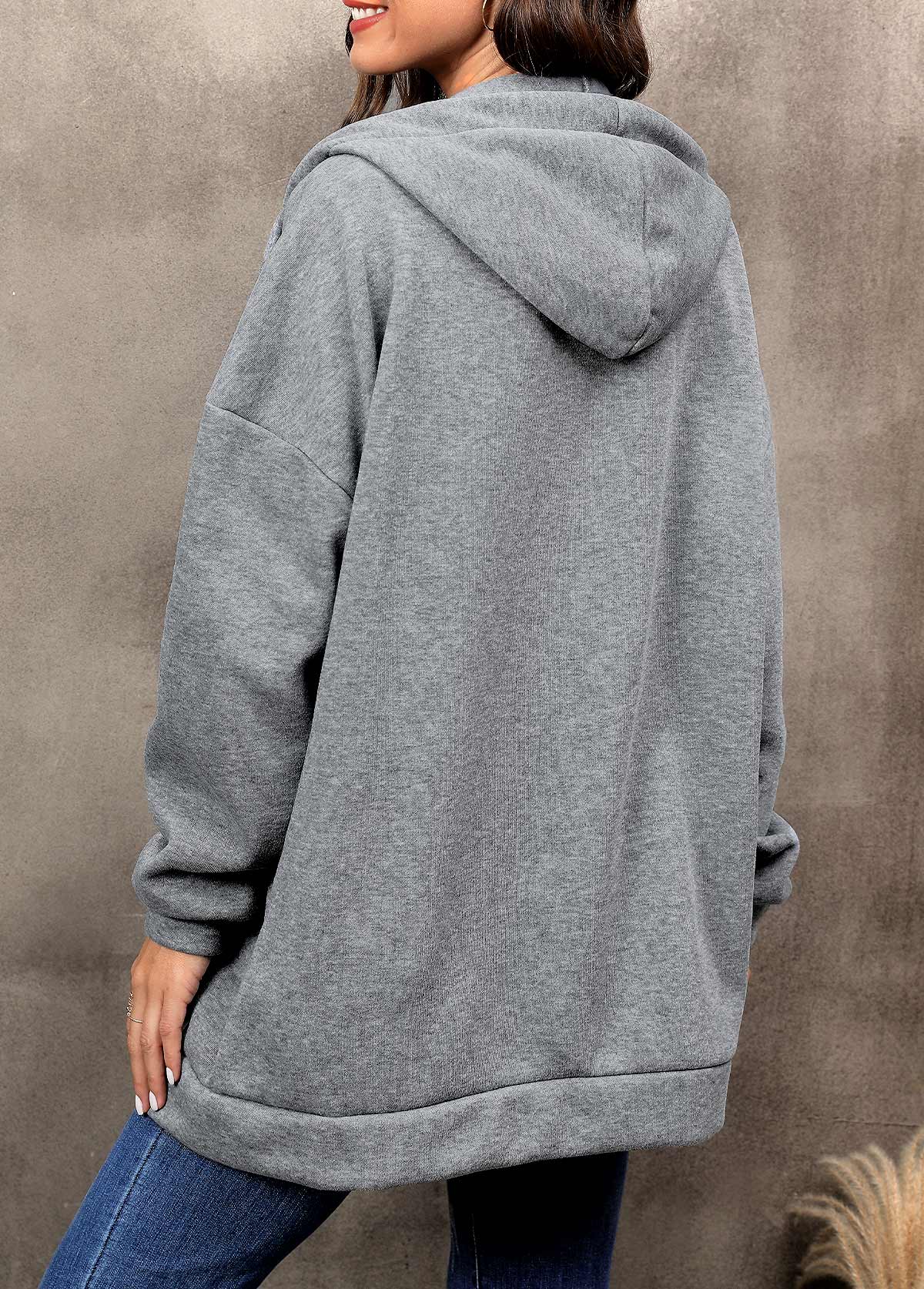 Grey outerwear & coats,Plain Color outerwear & coats,Zipper Grey Hooded Long Sleeve Coat