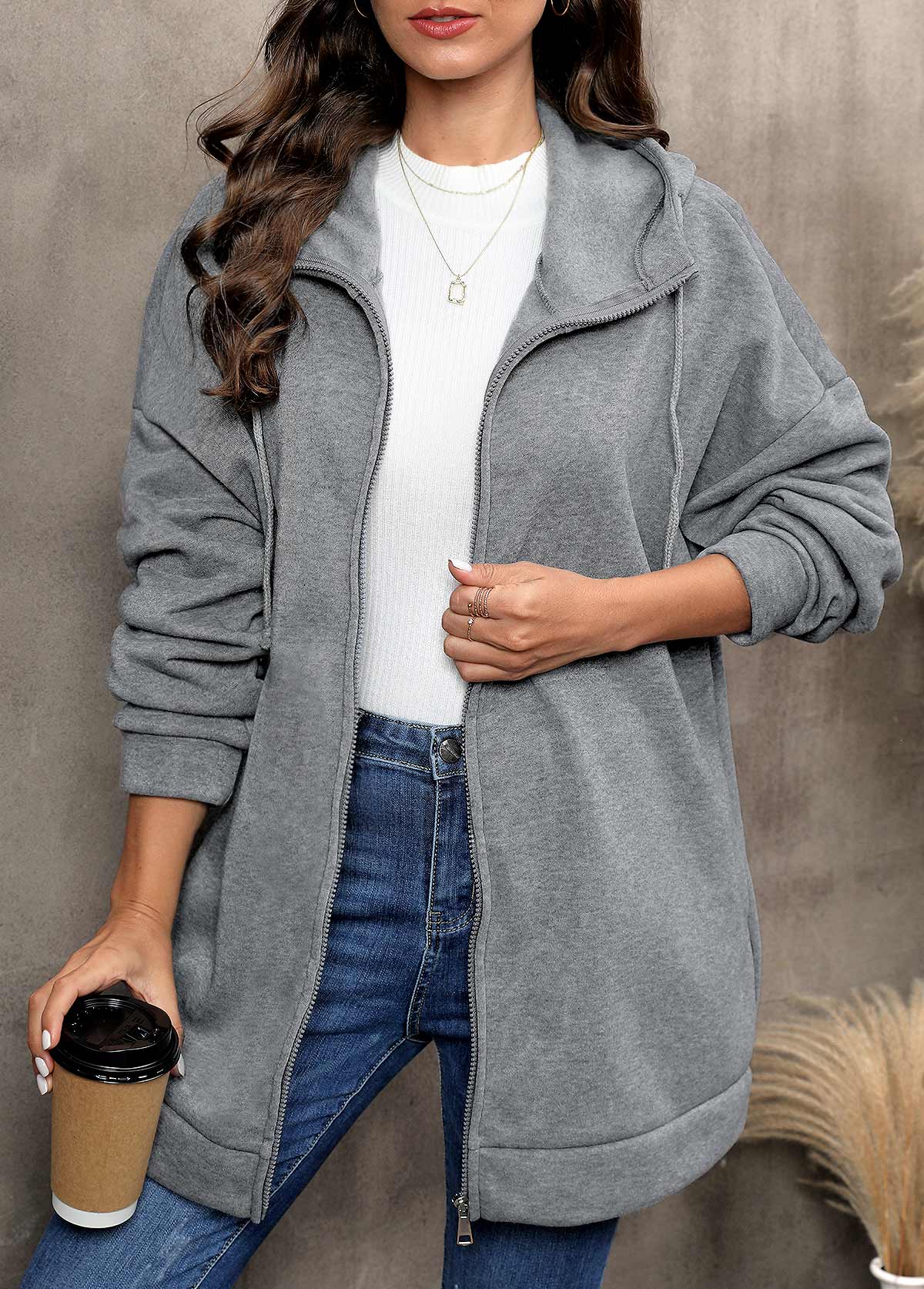 Grey outerwear & coats,Plain Color outerwear & coats,Zipper Grey Hooded Long Sleeve Coat