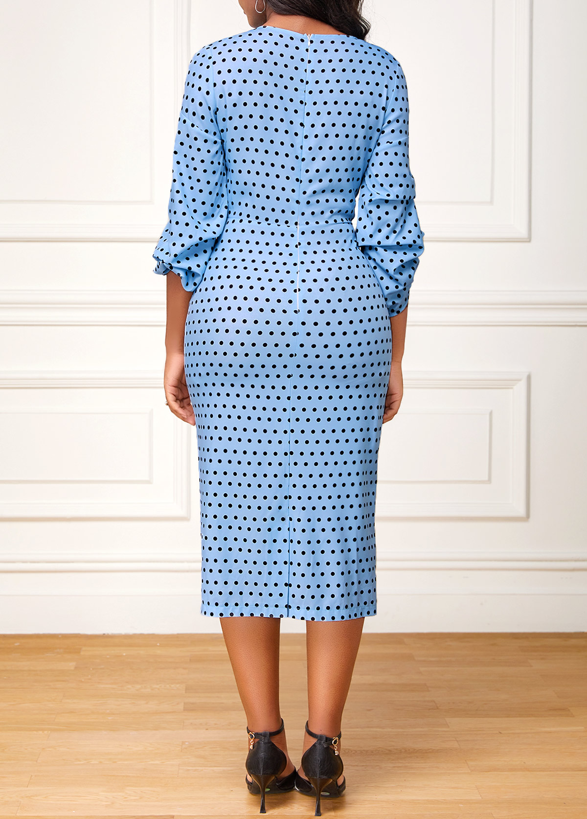 Dusty Blue dresses,Dot dresses,ROTITA Surplice Polka Dot Dusty Blue Bodycon Dress