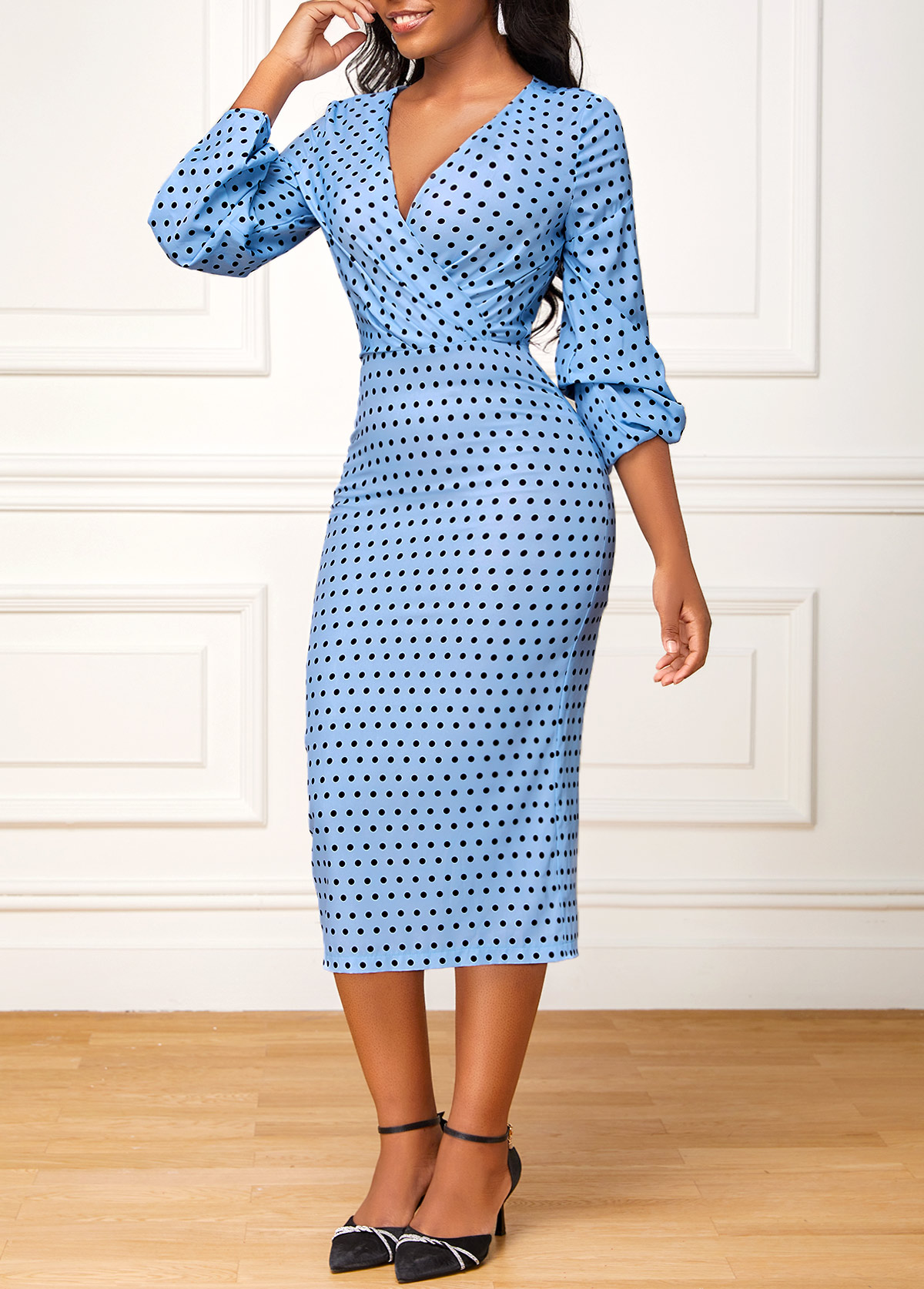 Dusty Blue dresses,Dot dresses,ROTITA Surplice Polka Dot Dusty Blue Bodycon Dress