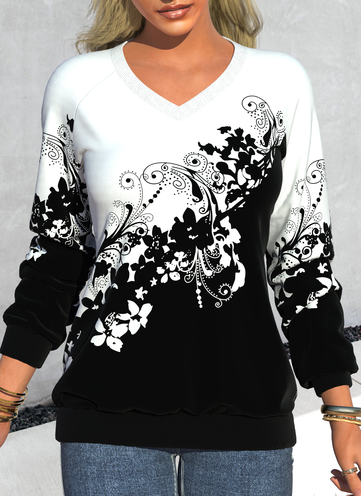ROTITA Floral Print Black V Neck Long Sleeve Sweatshirt