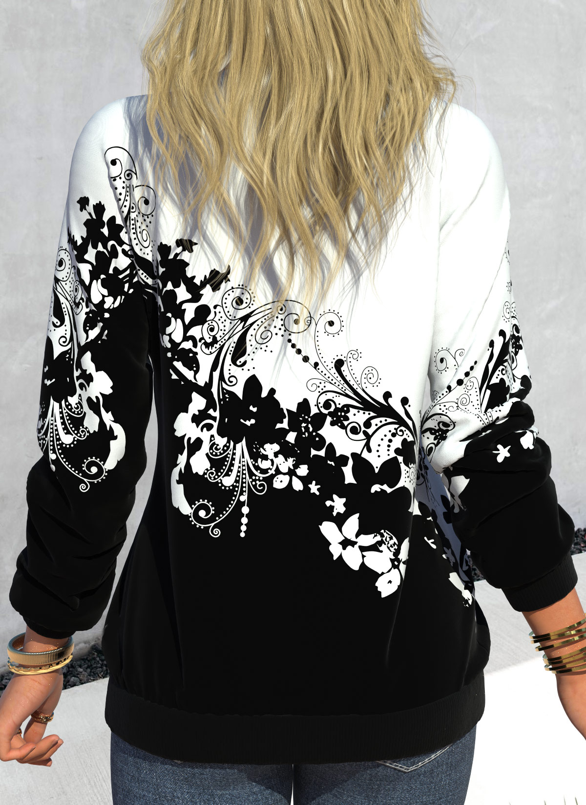 Black tops,Floral tops,ROTITA Floral Print Black V Neck Long Sleeve Sweatshirt