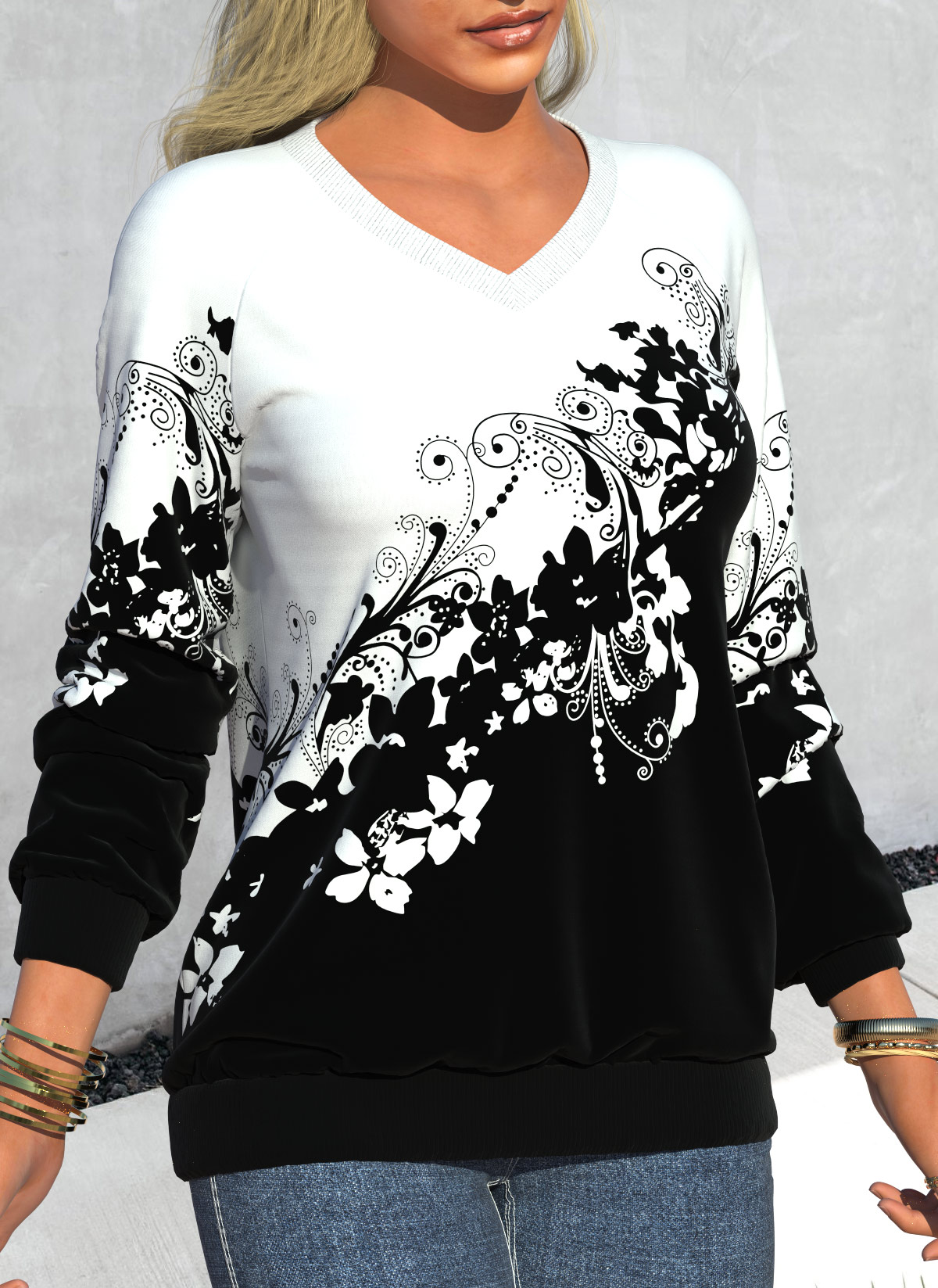 Black tops,Floral tops,ROTITA Floral Print Black V Neck Long Sleeve Sweatshirt