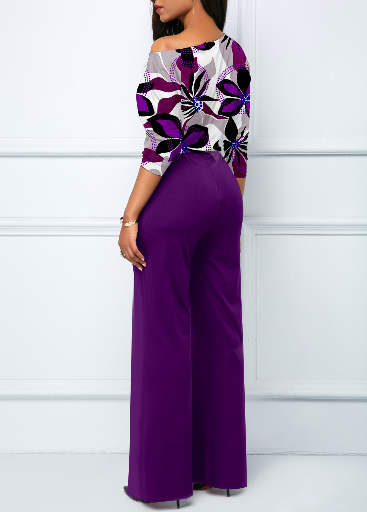 Purple jumpsuits & rompers,Floral jumpsuits & rompers,ROTITA Split Floral Print Purple Long Boat Neck Jumpsuit