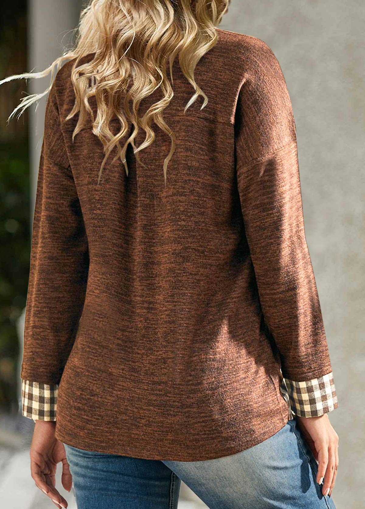 Dark Coffee tops,Plaid tops,Geometric tops,ROTITA Fake 2in1 Plaid Dark Coffee Shirt Collar Sweatshirt