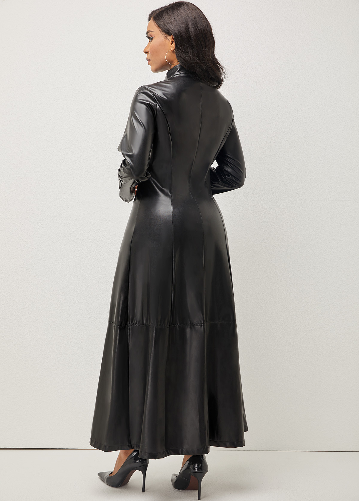 Black outerwear & coats,Plain Color outerwear & coats,Zipper Black High Neck Long Sleeve Coat