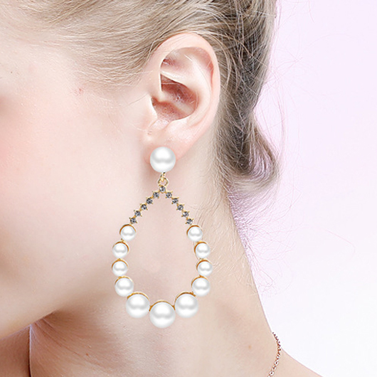 Gold Metal Teardrop White Pearl Earrings