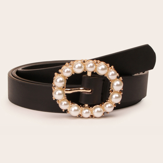 Black Leather Metal Detail Pearl Belt