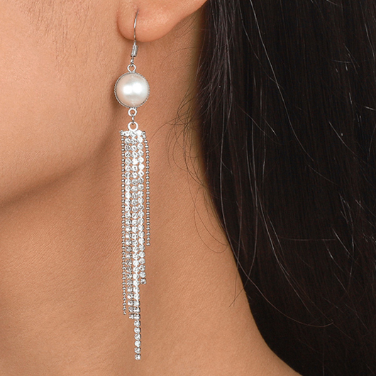 Pearl Design Rhinestone Silvery White Earrings
