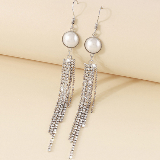 Silvery White jewelry,Plain Color jewelry,Pearl Design Rhinestone Silvery White Earrings