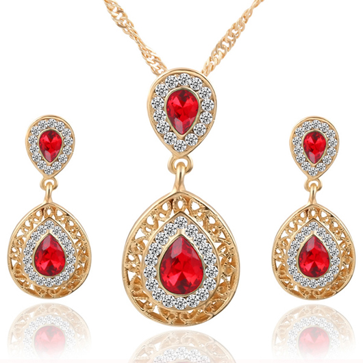 Teardrop Red Rhinestone Design Hollow Earrings and Necklace