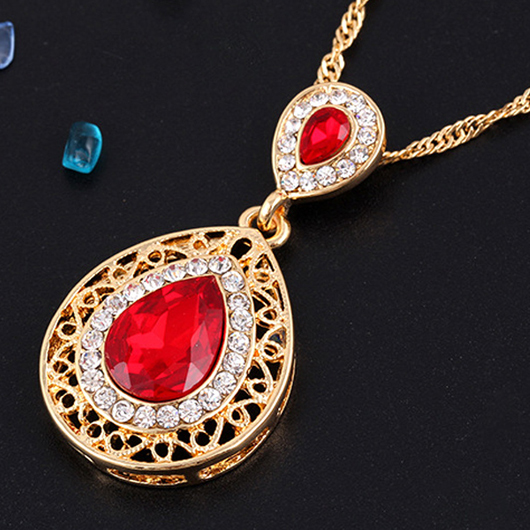 Red jewelry,Contrast Color jewelry,Teardrop Red Rhinestone Design Hollow Earrings and Necklace