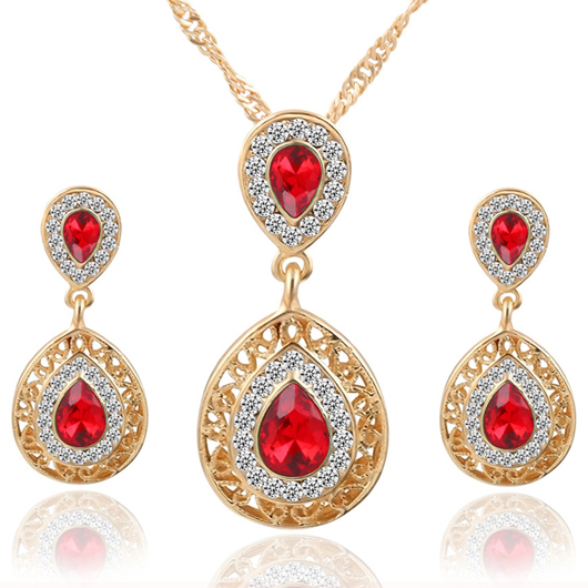 Red jewelry,Contrast Color jewelry,Teardrop Red Rhinestone Design Hollow Earrings and Necklace
