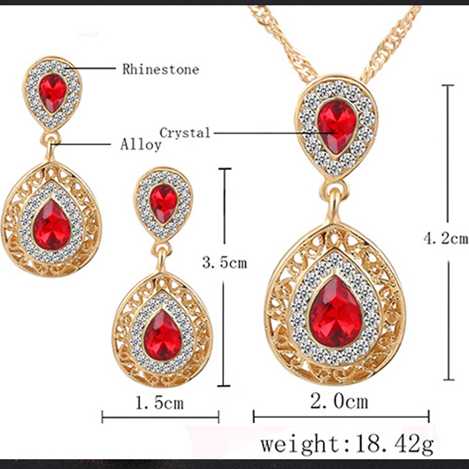 Red jewelry,Contrast Color jewelry,Teardrop Red Rhinestone Design Hollow Earrings and Necklace