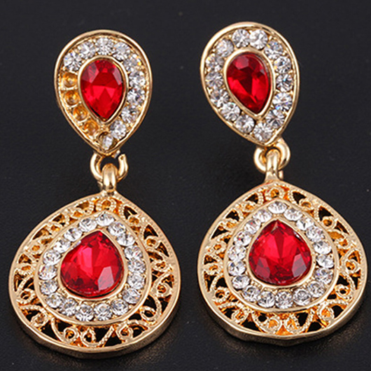 Red jewelry,Contrast Color jewelry,Teardrop Red Rhinestone Design Hollow Earrings and Necklace