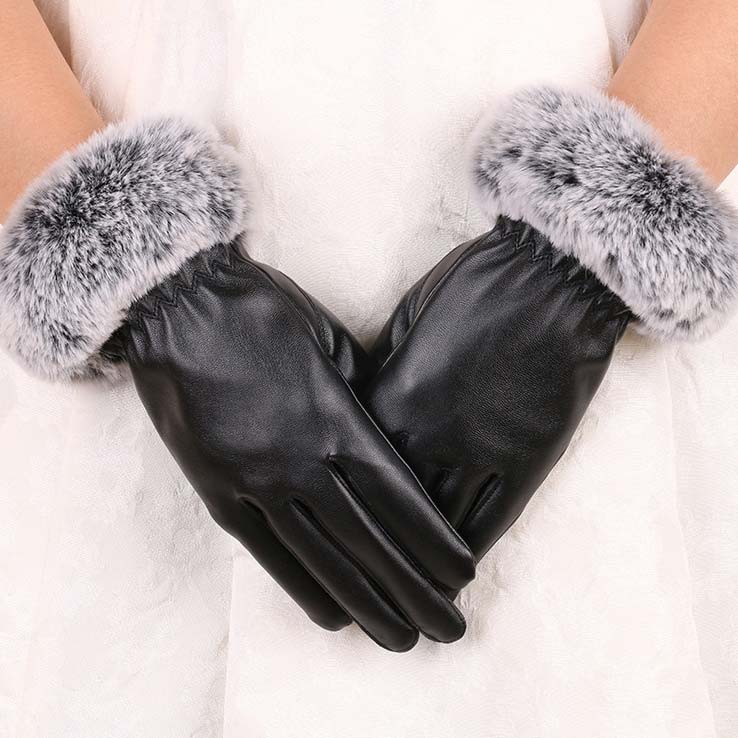 Faux Rabbit Fur Black Warming Full Finger Gloves