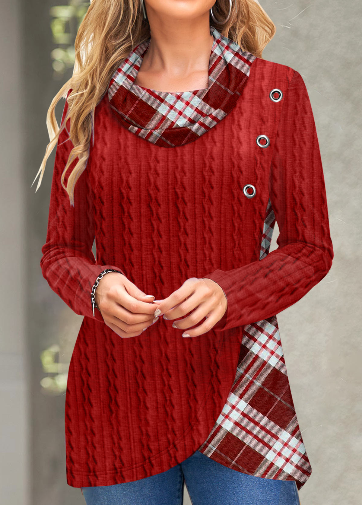 ROTITA Twisted Plaid Red Cowl Neck Long Sleeve Sweatshirt