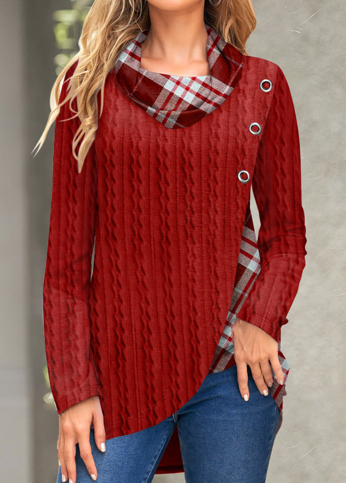 Red plus size,Plaid plus size,Geometric plus size,ROTITA Plus Size Red Plaid Cowl Neck Sweatshirt